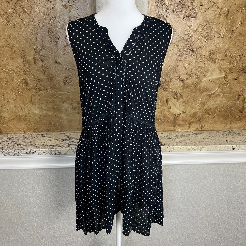 Anthropologie Button Front A Line Tunic Dress Women Medium Polka Dot Blue White